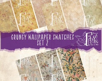 Può includere: Un set di 8 campioni di carta digitale con un'estetica grunge. Le carte presentano motivi floreali in tonalità beige, marrone e verde. Il titolo "Grungy Wallpaper Swatches Set 2" è visualizzato in testo viola.