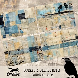 May include: A digital collage kit with a blue and beige color scheme. The kit features a variety of textures and patterns, including paper, fabric, and paint. The kit also includes a silhouette of a bird and the text "SCRAPPY SILHOUETTE JOURNAL KIT".