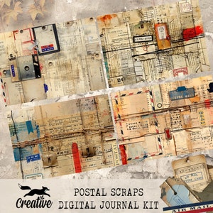 May include: A digital journal kit with a vintage postal theme. The kit includes four digital papers with a collage of old mail, stamps, and envelopes. The papers are in shades of brown, beige, and blue. The kit also includes a few digital elements, such as a tag that says "Air Mail Letter Card".