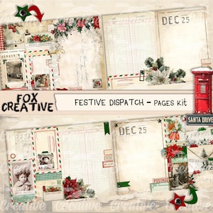 May include: A collage of vintage Christmas-themed ephemera. The design includes postcards, ledger pages, and floral accents. The text "FESTIVE DISPATCH - PAGES kit" is displayed prominently. A red mailbox and the text "DEC 25" are also visible.