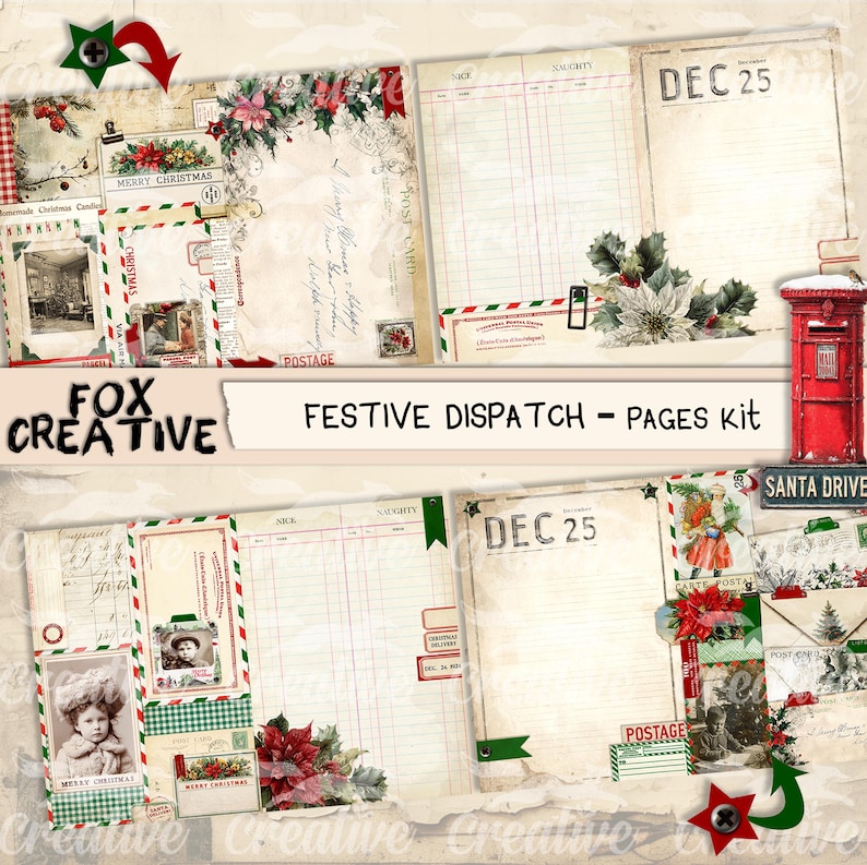 May include: A collage of vintage Christmas-themed ephemera. The design includes postcards, ledger pages, and floral accents. The text "FESTIVE DISPATCH - PAGES kit" is displayed prominently. A red mailbox and the text "DEC 25" are also visible.
