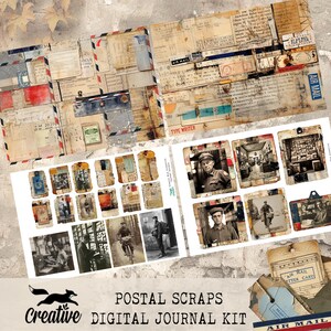 May include: A digital journal kit with a vintage postal theme. The kit includes a variety of digital papers, tags, and images, all with a distressed, aged look. The kit is perfect for scrapbooking, card making, and other paper crafts.
