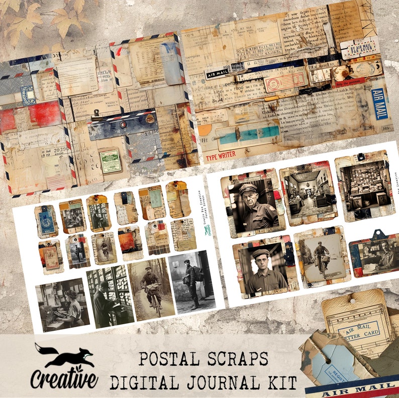 May include: A digital journal kit with a vintage postal theme. The kit includes a variety of digital papers, tags, and images, all with a distressed, aged look. The kit is perfect for scrapbooking, card making, and other paper crafts.