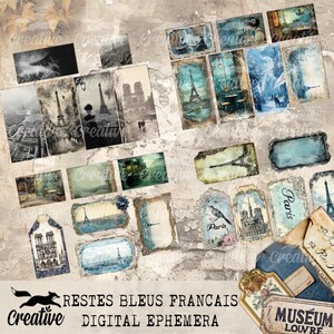 May include: A digital collage of vintage-style images featuring Parisian landmarks, including the Eiffel Tower, Notre Dame Cathedral, and the Louvre Museum. The images are in shades of blue and white, with a distressed, aged look. The text "Restes Bleus Francais Digital Ephemera" is at the bottom of the collage.