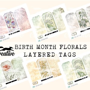 May include: Layered printable tags featuring vintage floral illustrations for each month of the year. The tags are designed with a distressed, aged look and are perfect for scrapbooking, card making, and other paper crafts.