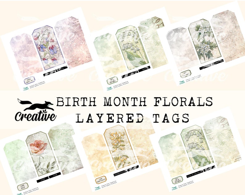 May include: Layered printable tags featuring vintage floral illustrations for each month of the year. The tags are designed with a distressed, aged look and are perfect for scrapbooking, card making, and other paper crafts.