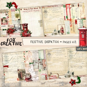 May include: A festive scrapbook kit with vintage-style pages, postcards, and ephemera. The kit includes images of a red mailbox, poinsettias, and text that reads "Festive Dispatch - Pages Kit". The color palette includes red, green, and cream.