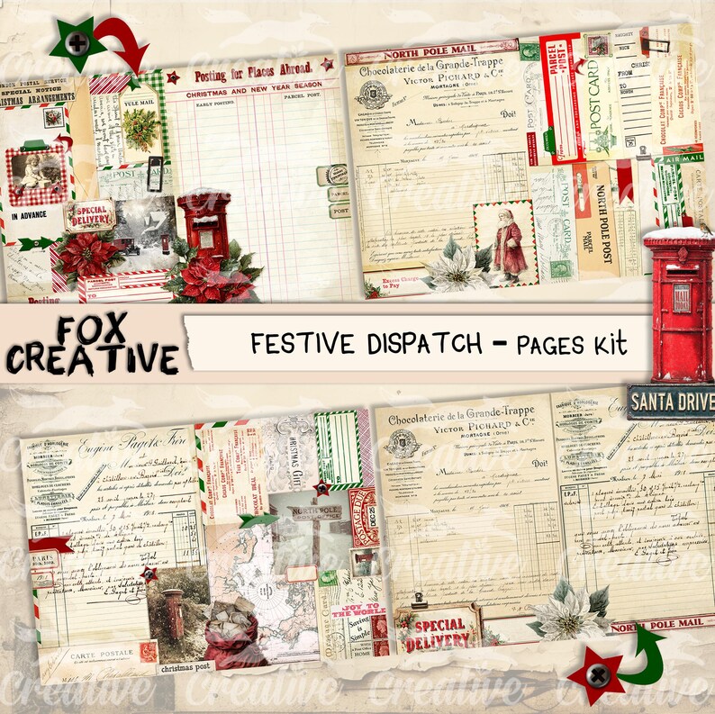 May include: A festive scrapbook kit with vintage-style pages, postcards, and ephemera. The kit includes images of a red mailbox, poinsettias, and text that reads "Festive Dispatch - Pages Kit". The color palette includes red, green, and cream.