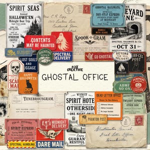 Peut inclure: Une collection d'éphémères en papier de style vintage avec des graphismes sur le thème d'Halloween, incluant des panneaux, lettres et étiquettes avec du texte comme Ghostal Office, Spirit Seas et Spectral Delivery, imprimés sur du papier vieilli.