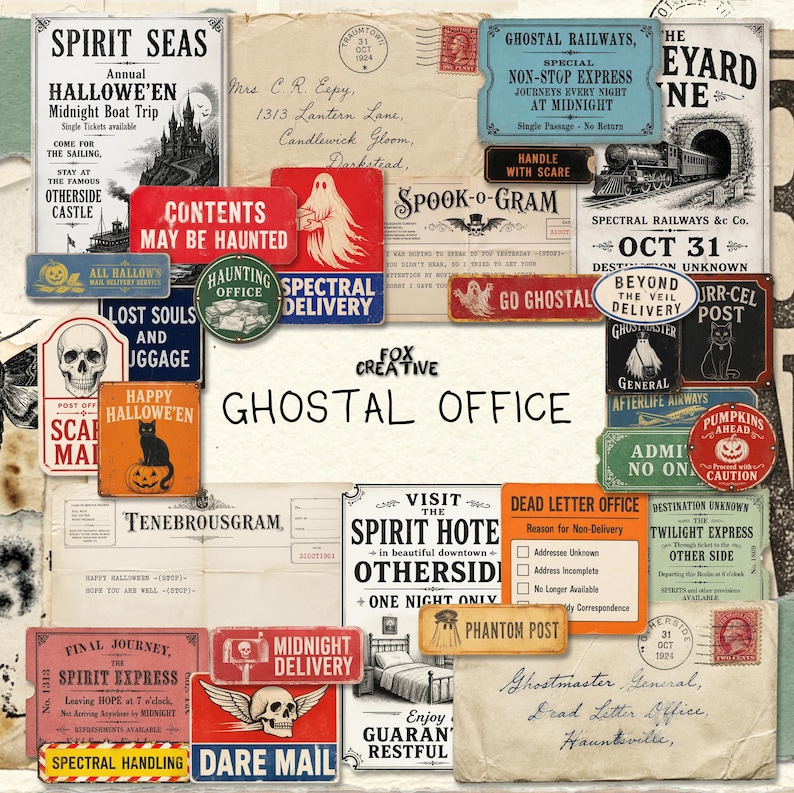 May include: A collection of vintage-style paper ephemera featuring Halloween-themed graphics, including signs, letters, and labels with text like Ghostal Office, Spirit Seas, and Spectral Delivery, printed in black, red, blue, and orange on aged paper.