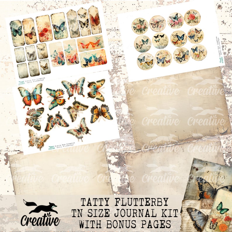 May include: A digital scrapbooking kit featuring vintage-style images of butterflies, flowers, and tags. The kit includes a variety of elements that can be used to create unique and personalised scrapbook pages. The kit is titled "Tatty Flutterby TN Size Journal Kit with Bonus Pages".