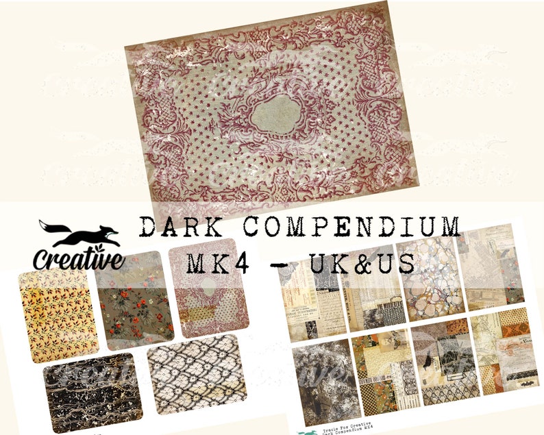 May include: A digital collage sheet with a vintage aesthetic. The sheet features 12 different images, including floral patterns, textured surfaces, and old newspaper clippings. The title "DARK COMPENDIUM MK4 - UK & US" is printed at the top of the sheet.