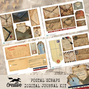 May include: A digital journal kit with vintage postal themed scrapbook paper, envelopes, tags, and labels. The kit includes the text "Give Wings to Your Letters" and "Registered Package".
