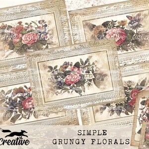 Op de afbeelding: Zes digitale collage-vellen met vintage bloemillustraties met vlinders in een verweerde grunge-stijl. De afbeeldingen zijn omlijst met een decoratieve rand en geplaatst tegen een achtergrond van handgeschreven tekst.