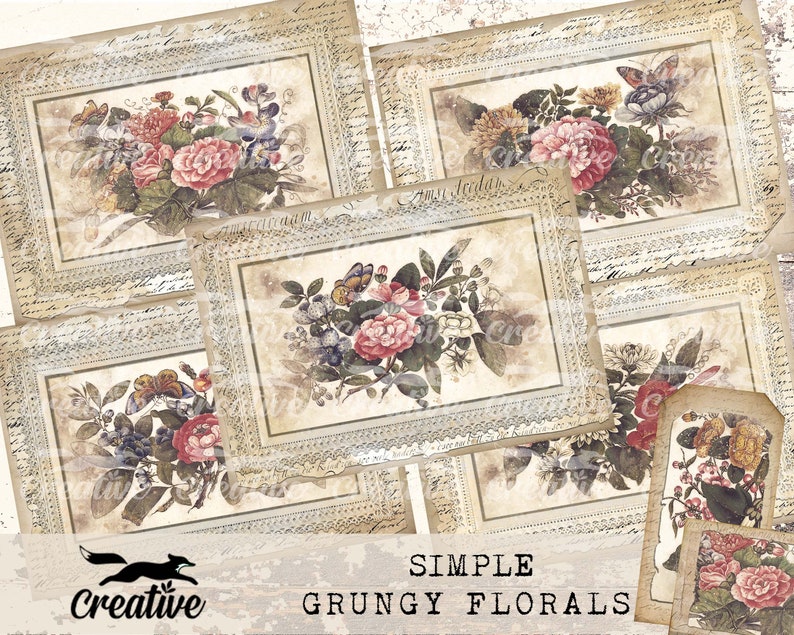 Op de afbeelding: Zes digitale collage-vellen met vintage bloemillustraties met vlinders in een verweerde grunge-stijl. De afbeeldingen zijn omlijst met een decoratieve rand en geplaatst tegen een achtergrond van handgeschreven tekst.