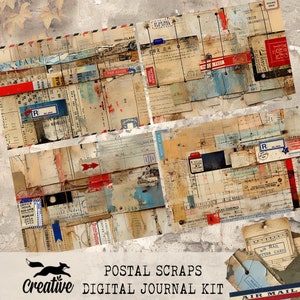 May include: A digital journal kit with a vintage aesthetic featuring a collage of old postal scraps, stamps, and labels. The kit includes the text "POSTAL SCRAPS" and "Creative DIGITAL JOURNAL KIT".