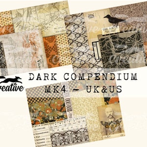 May include: A collage of vintage-style images with a dark, gothic aesthetic. The images include maps, patterns, and illustrations. The text "DARK COMPENDIUM MK4 - UK & US" is printed in the center of the collage.
