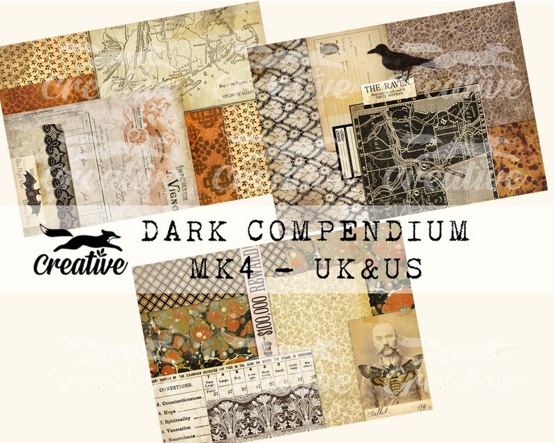 May include: A collage of vintage-style images with a dark, gothic aesthetic. The images include maps, patterns, and illustrations. The text "DARK COMPENDIUM MK4 - UK & US" is printed in the center of the collage.