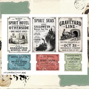 May include: A collection of six vintage-style paper ephemera designs featuring three rectangular posters and three ticket stubs. The posters depict a hotel room, a steamboat near a castle, and a steam train entering a tunnel with text.