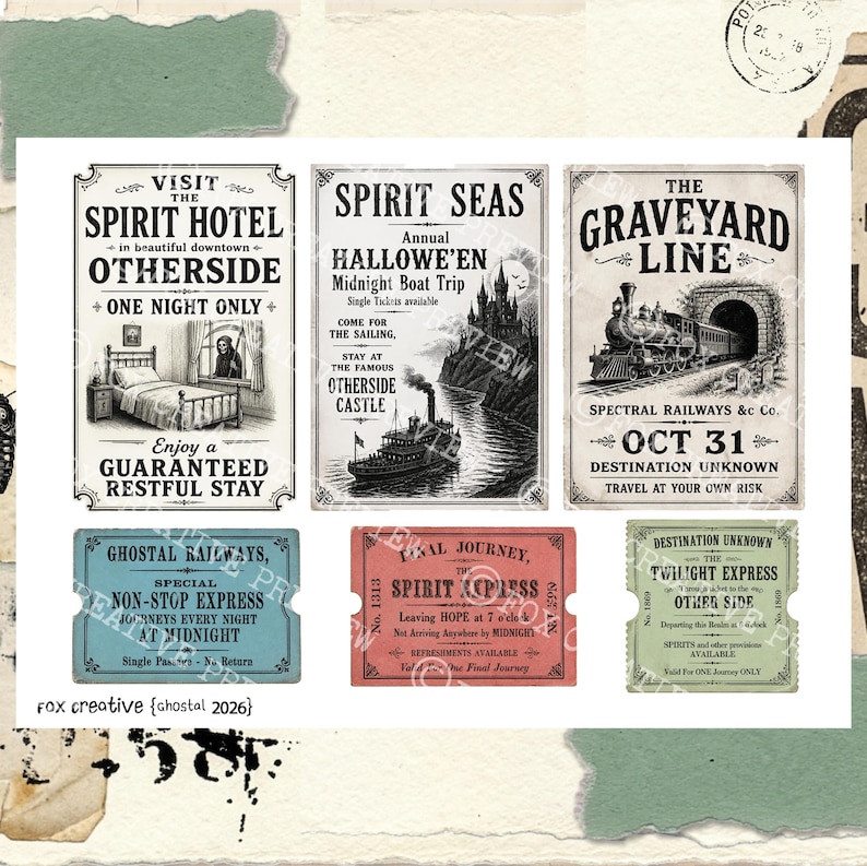 May include: A collection of six vintage-style paper ephemera designs featuring three rectangular posters and three ticket stubs. The posters depict a hotel room, a steamboat near a castle, and a steam train entering a tunnel with text.