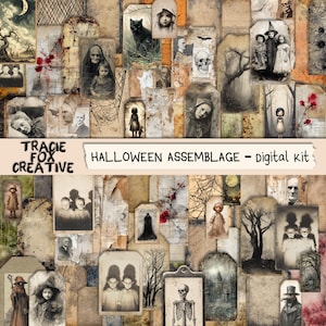 Puede incluir: Un collage de efímeras vintage con temática de Halloween. El diseño presenta fondos de papel envejecido con ilustraciones de niños, esqueletos y escenas espeluznantes. El texto incluye "TRACIE FOX CREATIVE" y "HALLOWEEN ASSEMBLAGE - digital kit".