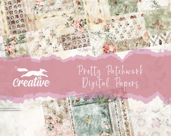 Op de afbeelding: Een digitaal papierpakket met een patchwork-ontwerp met bloemmotieven in roze, groene en witte tinten. De papieren hebben een vintage uitstraling en zijn perfect voor scrapbooking, kaartmaken en andere knutselprojecten.