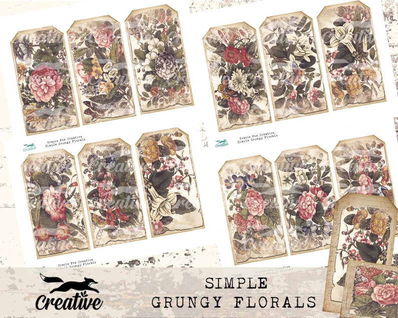 Op de afbeelding: Set van 10 digitale printbare labels met vintage bloemenillustraties in grunge-stijl. De labels zijn perfect om een ​​toets van rustieke charme toe te voegen aan uw knutselwerk en projecten.