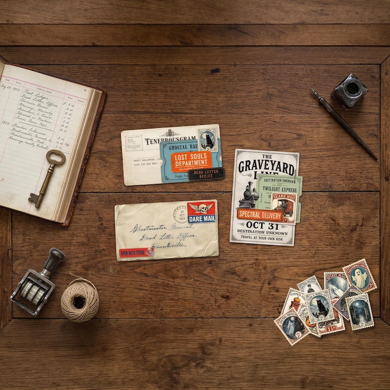 May include: A collection of vintage-style stationery including a ledger book, a brass key, a fountain pen, an inkwell, a ball of twine, a date stamp, and several envelopes and postcards featuring text like Tenebrousgram, Lost Souls Department, and The Graveyard Line.