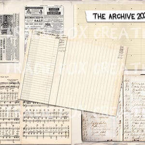 May include: A collage of vintage ephemera, including sheet music, ledger pages, and newspaper clippings. The text "THE ARCHIVE 2025 TRACIE FOX CREATIVE" is visible. The items have a sepia tone, suggesting age and a historical theme.