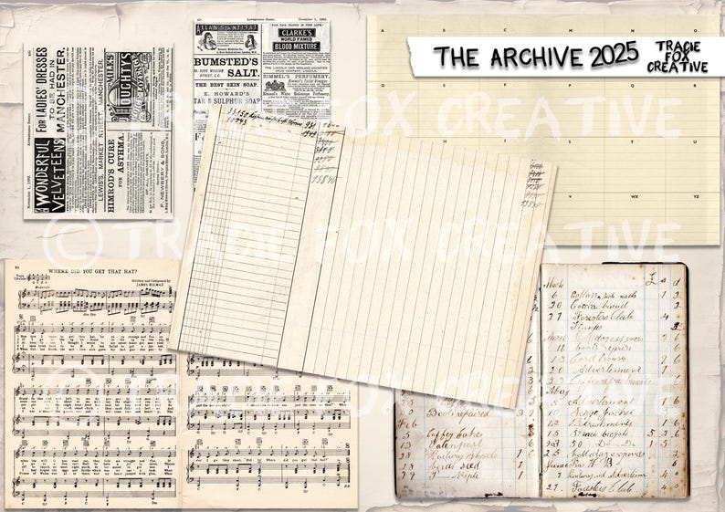 May include: A collage of vintage ephemera, including sheet music, ledger pages, and newspaper clippings. The text "THE ARCHIVE 2025 TRACIE FOX CREATIVE" is visible. The items have a sepia tone, suggesting age and a historical theme.