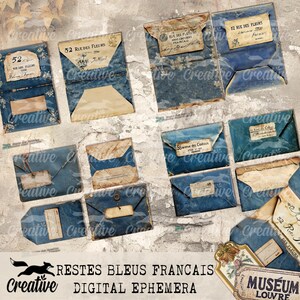 May include: A digital paper pack with 10 vintage blue envelopes with French text. The envelopes have a distressed look and are perfect for scrapbooking, card making, and other paper crafts.