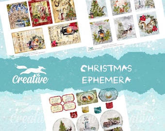 May include: A digital download of vintage-style Christmas ephemera, including images of snow globes, wreaths, lanterns, and Christmas cards. The images are in a watercolor style and have a rustic, vintage feel.