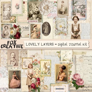 Pode incluir: Uma colagem de elementos de um kit de diário digital vintage. Inclui ilustrações florais, retratos e notas manuscritas. O design apresenta o texto "FOX CREATIVE" e "LOVELY LAYERS - digital journal kit". A paleta de cores é suave e romântica.