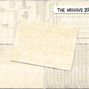 May include: A collage of vintage ledger and graph paper sheets with handwritten notes and calculations. The papers are aged with a cream color and feature horizontal and vertical lines. The text "THE ARCHIVE 2025" is visible on a torn paper banner.
