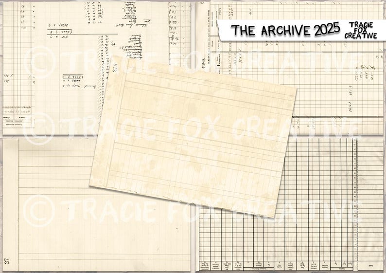 May include: A collage of vintage ledger and graph paper sheets with handwritten notes and calculations. The papers are aged with a cream color and feature horizontal and vertical lines. The text "THE ARCHIVE 2025" is visible on a torn paper banner.