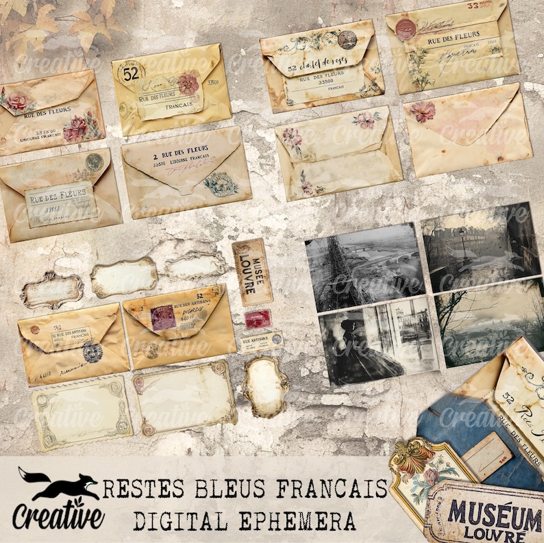 May include: A digital collage of vintage ephemera featuring old envelopes, postcards, and photographs. The envelopes are decorated with floral designs and have handwritten addresses in French. The postcards feature images of Parisian streets and buildings. The photographs are black and white and show scenes of Paris.