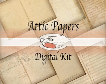 May include: A digital kit of vintage paper textures, including lined paper, ledger paper, music sheet paper, and graph paper. The kit is titled "Attic Papers" and features a fox logo.