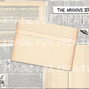 May include: A collection of vintage paper ephemera, including lined index cards and pages of printed text. The text "THE ARCHIVE 2025" is visible on a white banner. The papers have a warm, aged tone.