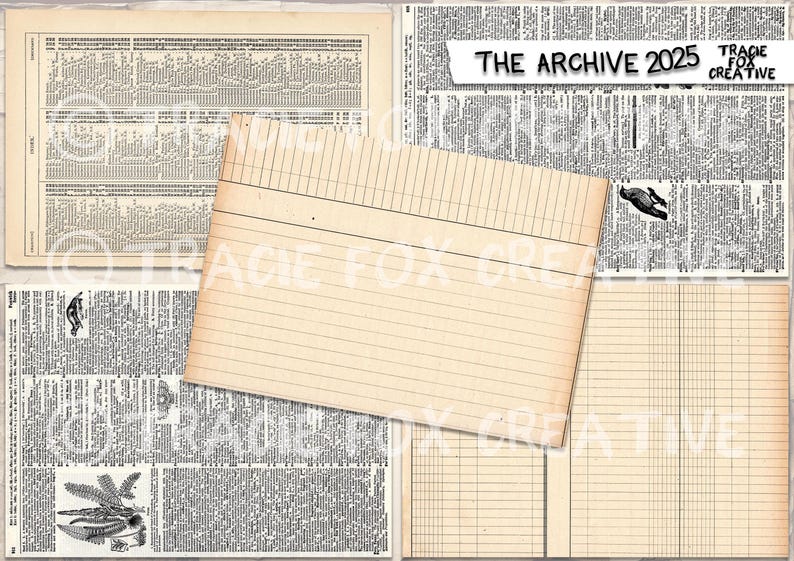 May include: A collection of vintage paper ephemera, including lined index cards and pages of printed text. The text "THE ARCHIVE 2025" is visible on a white banner. The papers have a warm, aged tone.