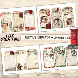 May include: A collection of vintage-style Christmas ephemera tags. The tags feature festive designs with poinsettias, holly, and vintage postage details. The text "Festive Dispatch" is displayed.