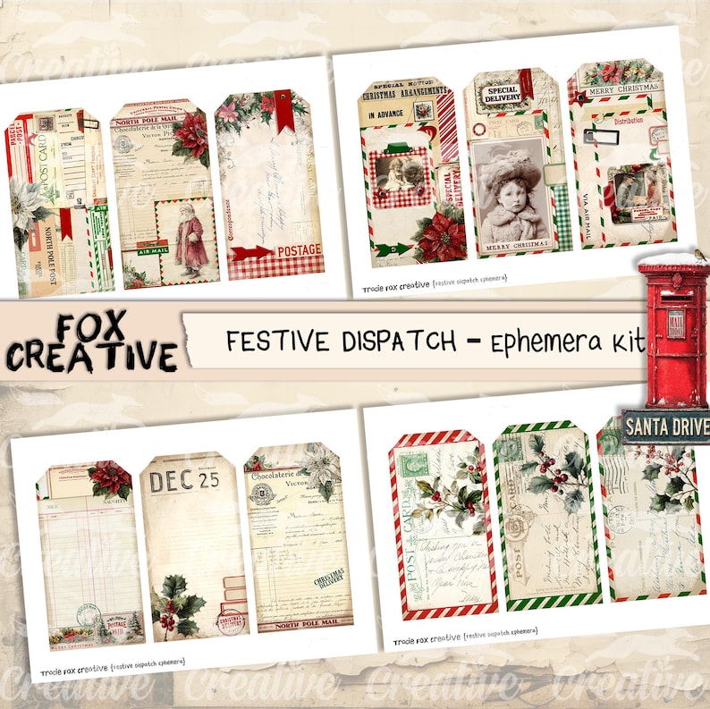 May include: A collection of vintage-style Christmas ephemera tags. The tags feature festive designs with poinsettias, holly, and vintage postage details. The text "Festive Dispatch" is displayed.