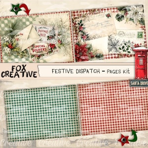 May include: A festive scrapbook kit with vintage Christmas elements. Includes pages with floral and envelope designs, a red mailbox, and green and red gingham patterns. The text reads "Festive Dispatch - Pages Kit."