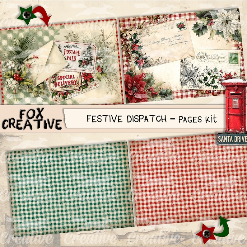 May include: A festive scrapbook kit with vintage Christmas elements. Includes pages with floral and envelope designs, a red mailbox, and green and red gingham patterns. The text reads "Festive Dispatch - Pages Kit."