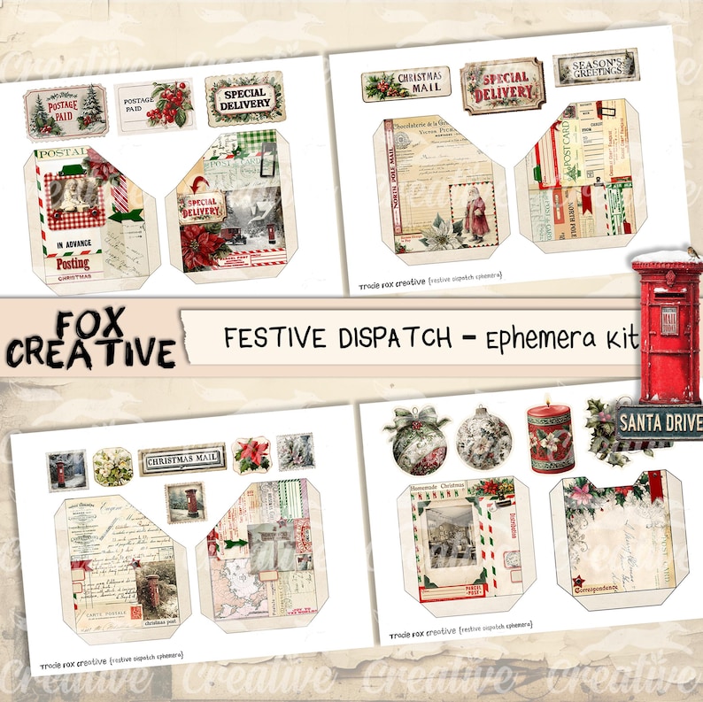 May include: A festive ephemera kit with a Christmas theme. The kit includes decorative envelopes, labels, and ornaments with vintage designs. The color palette features red, green, and cream tones, with text that reads "Festive Dispatch".