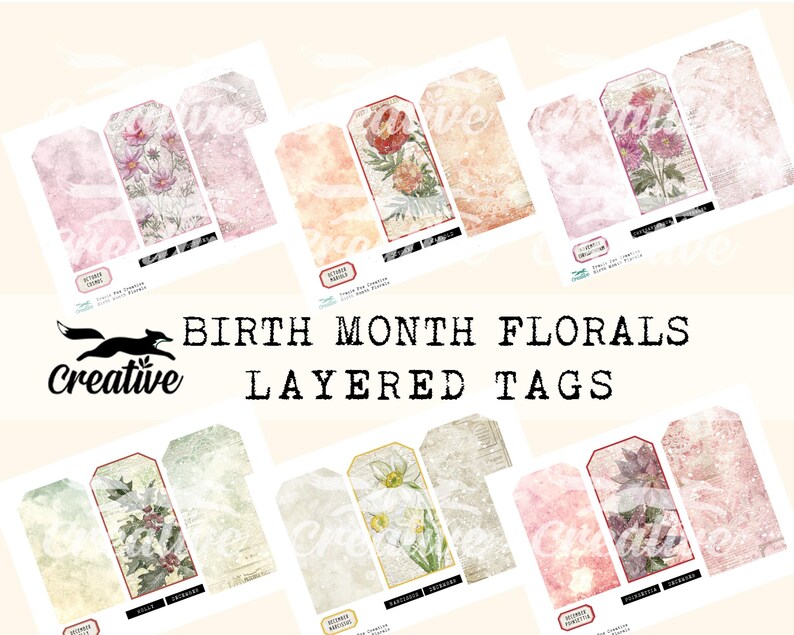 May include: Nine printable layered tags featuring floral designs for each month of the year. The tags are in a vintage style with a distressed background and floral illustrations. The text "Birth Month Florals Layered Tags" is at the top of the image.
