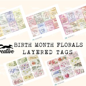 May include: A set of printable layered tags featuring floral designs and birth month words. The tags are designed for crafting and scrapbooking.