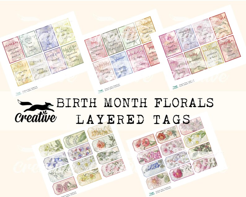 May include: A set of printable layered tags featuring floral designs and birth month words. The tags are designed for crafting and scrapbooking.