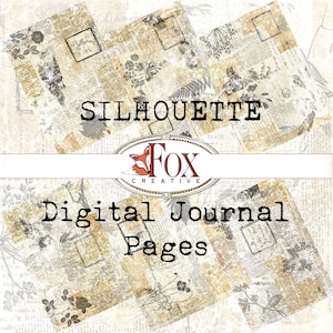 May include: Digital journal pages with a vintage aesthetic. The pages feature a distressed, textured background with floral and botanical illustrations. The text "Silhouette" and "Fox Creative" is displayed in a bold, vintage font.