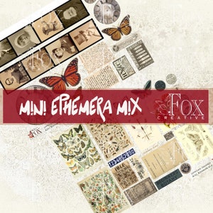 May include: A collection of vintage ephemera, including images of butterflies, insects, and botanical illustrations. The ephemera is arranged on a white background with a red banner that reads "Mini! Ephemera Mix" and a logo for Fox Creative.