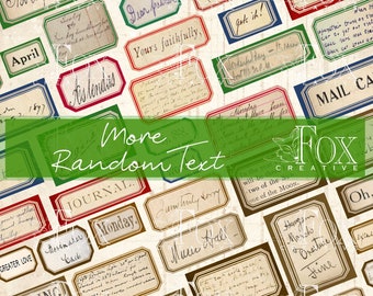 Könnte beinhalten: Eine Sammlung von Vintage-Etiketten mit handschriftlichem Text, darunter "More Random Text", "Journal", "Monday", "Yours faithfully", "April", "New York", "Mail Car", "Hangsun Merch", "Oreituie Hine" und "Oh."